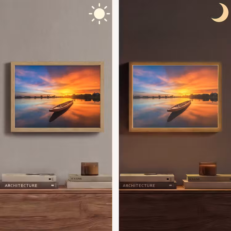 Boot - Water - Zonsondergang - Oranje - Water Light Box met batterij (Wandlamp) middel -sfeer3
