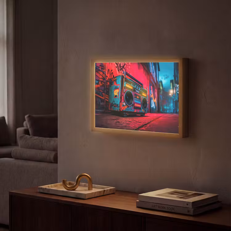 Boombox - Rood - Graffiti - Neon Light Box met batterij (Wandlamp) middel -sfeer1