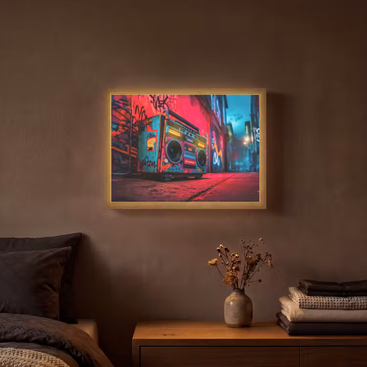 Boombox - Rood - Graffiti - Neon Light Box met batterij (Wandlamp) middel -sfeer4