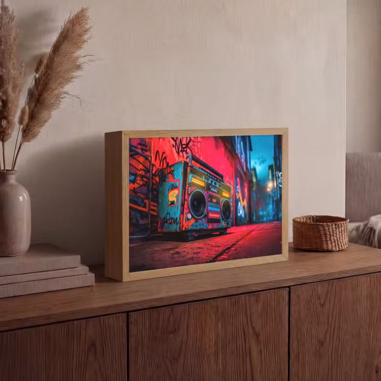 Boombox - Rood - Graffiti - Neon Light Box met batterij (Wandlamp) middel -sfeer2