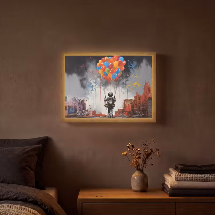 Jongen - Ballonnen - Gebouwen - Kunst Light Box met batterij (Wandlamp) middel -sfeer4