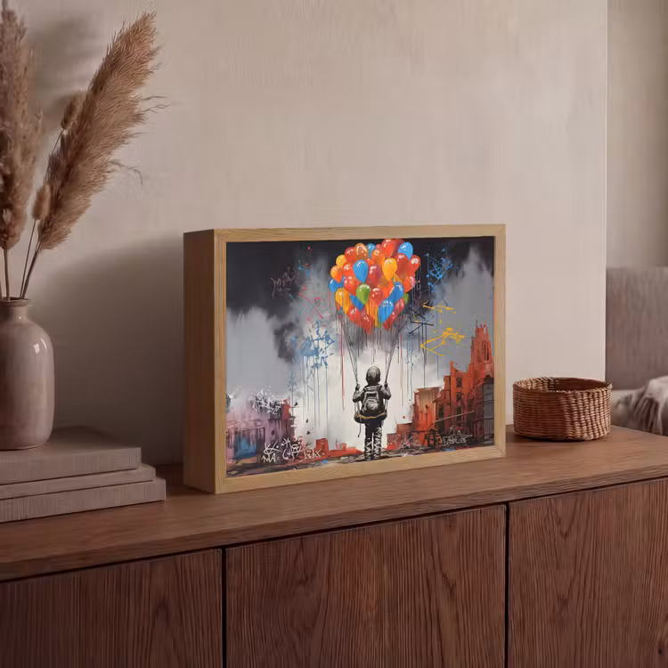 Jongen - Ballonnen - Gebouwen - Kunst Light Box met batterij (Wandlamp) middel -sfeer2