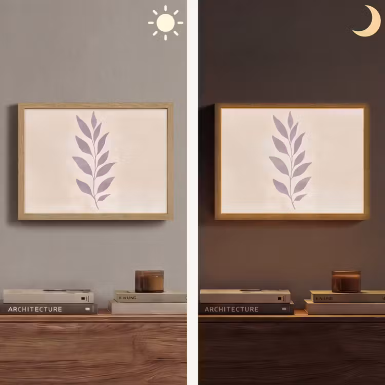 Tak - Bladeren - Minimalistisch - Beige Light Box met batterij (Wandlamp) middel -sfeer3