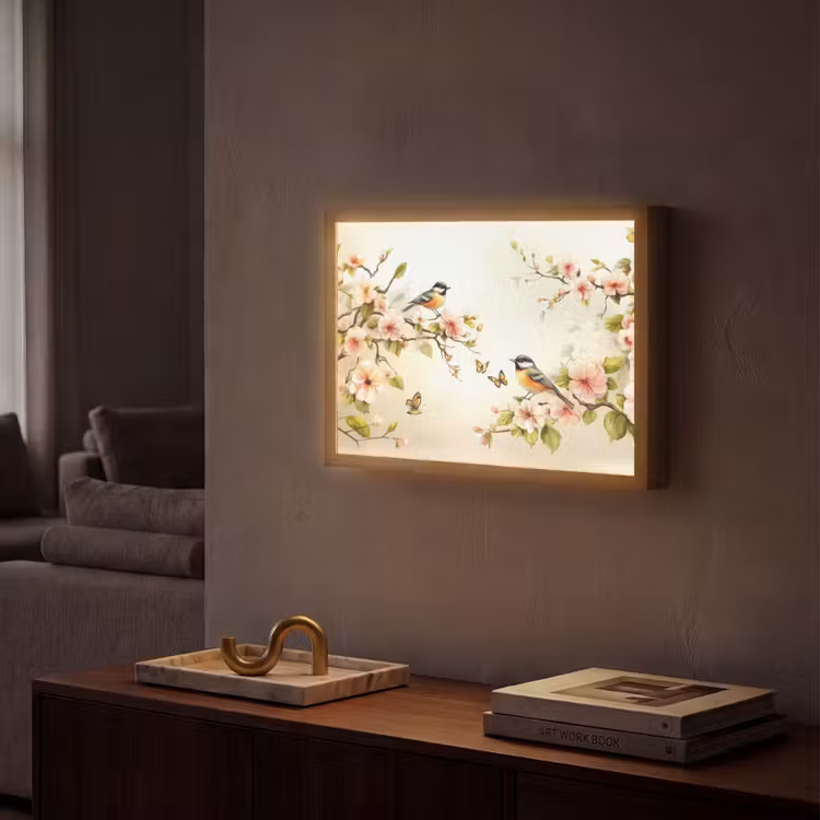 Takken - Bloemen - Vogeltjes - Roze Light Box met batterij (Wandlamp) middel -sfeer1