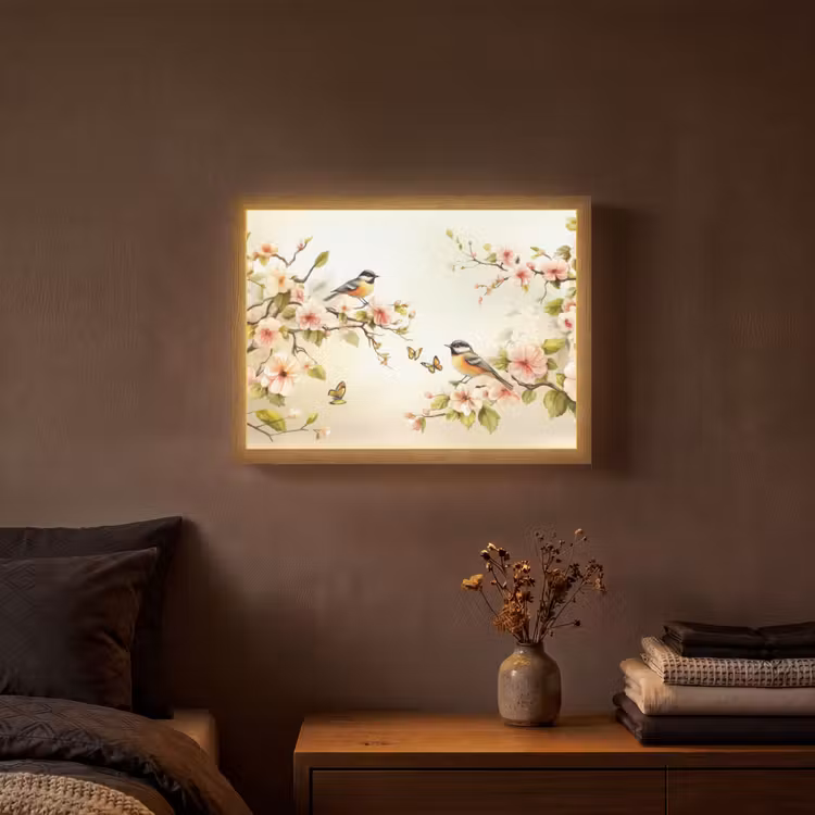 Takken - Bloemen - Vogeltjes - Roze Light Box met batterij (Wandlamp) middel -sfeer4