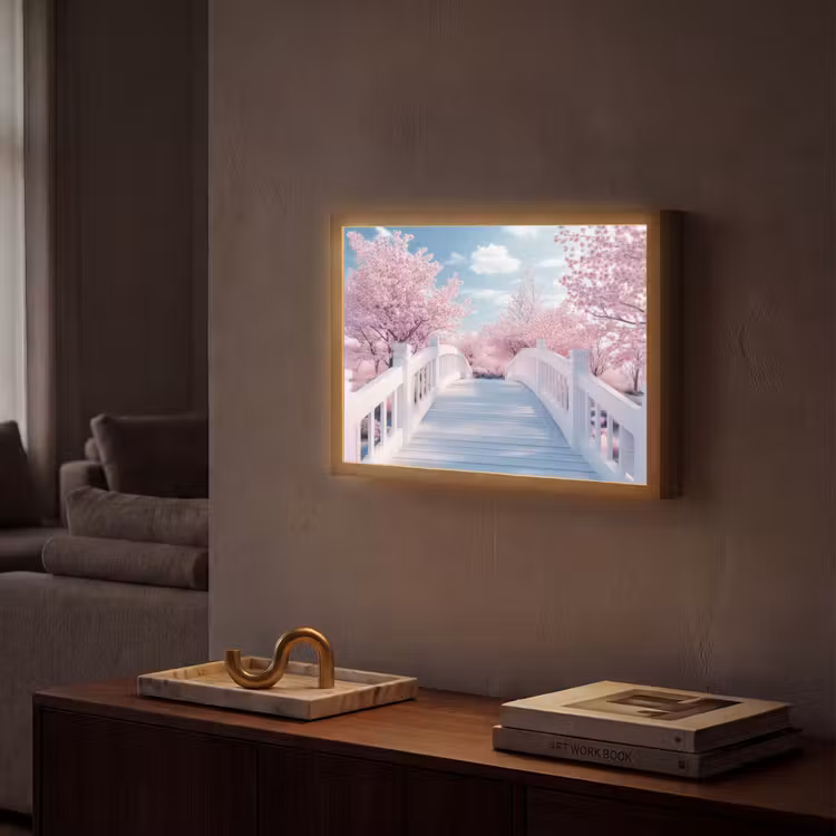 Brug - Kersenbomen - Wit Light Box met batterij (Wandlamp) middel -sfeer1