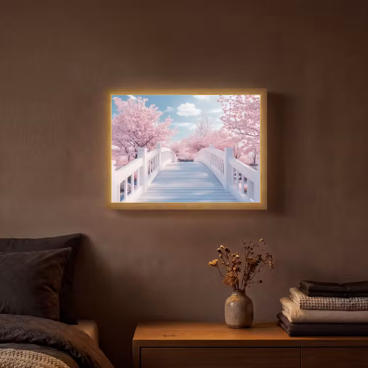Brug - Kersenbomen - Wit Light Box met batterij (Wandlamp) middel -sfeer4