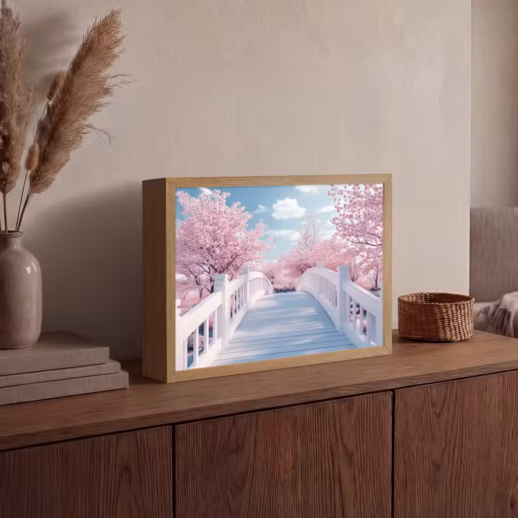 Brug - Kersenbomen - Wit Light Box met batterij (Wandlamp) middel -sfeer2