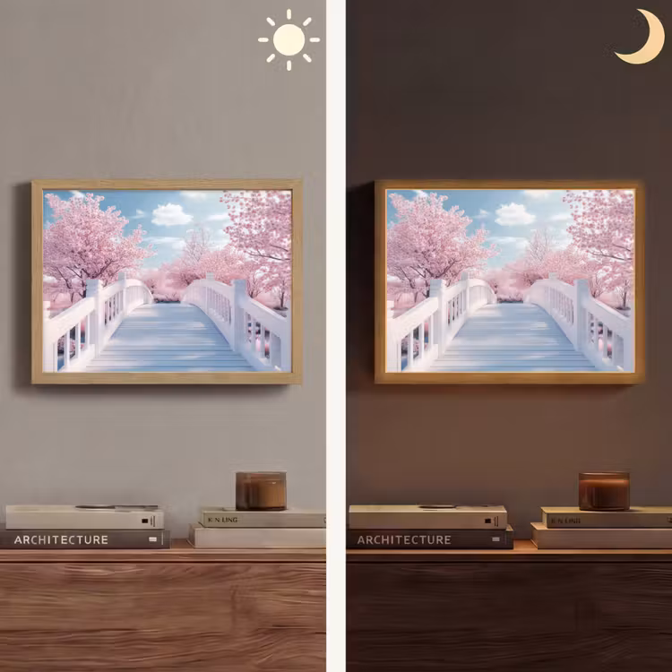 Brug - Kersenbomen - Wit Light Box met batterij (Wandlamp) middel -sfeer3