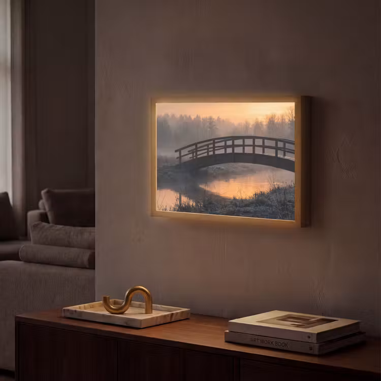 Brug - Mist - Bomen - Water Light Box met batterij (Wandlamp) middel -sfeer1