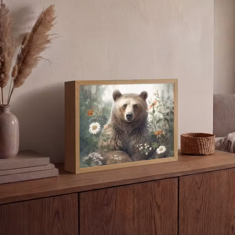 Bruine beer - Wilde dieren - Bloemen - Planten Light Box met batterij (Wandlamp) middel -sfeer2