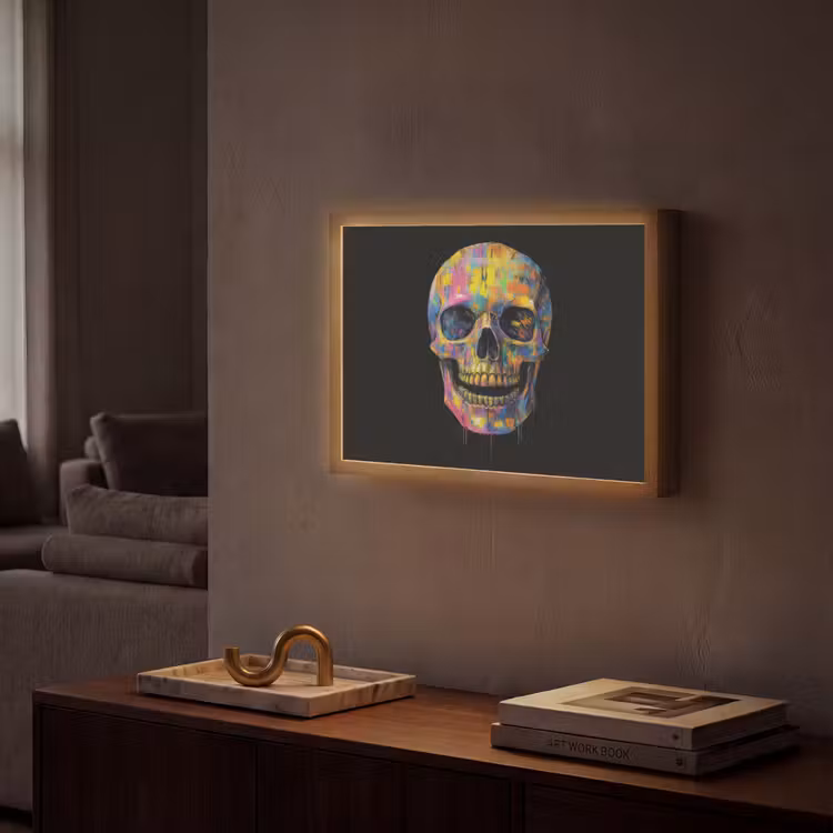 Penseelstreken - Schedel - Kleurrijk - Abstract Light Box met batterij (Wandlamp) middel -sfeer1