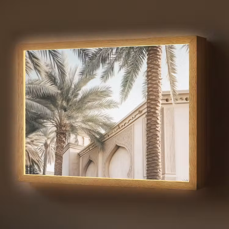 Gebouw - Palmbomen - Beige - Zon Light Box met batterij (Wandlamp) middel -z3d_website