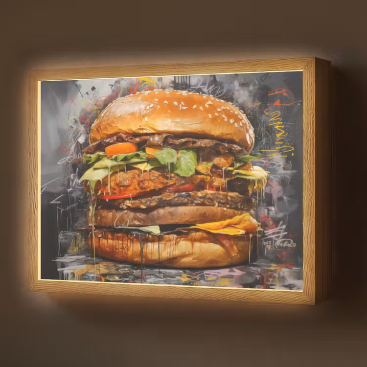 Burger - Eten - Kunst - Grijs - Graffiti Light Box met batterij (Wandlamp) middel -z3d_website