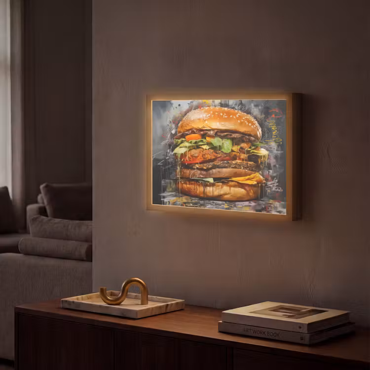 Burger - Eten - Kunst - Grijs - Graffiti Light Box met batterij (Wandlamp) middel -sfeer1