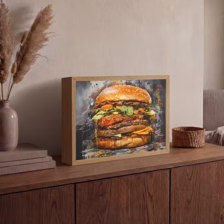 Burger - Eten - Kunst - Grijs - Graffiti Light Box met batterij (Wandlamp) middel -sfeer2