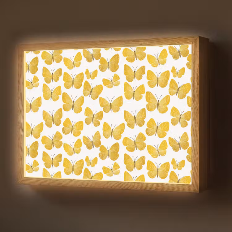 Vlinders - Botanisch - Illustratie - Geel - Wit Light Box met batterij (Wandlamp) middel 907 -z3d_website