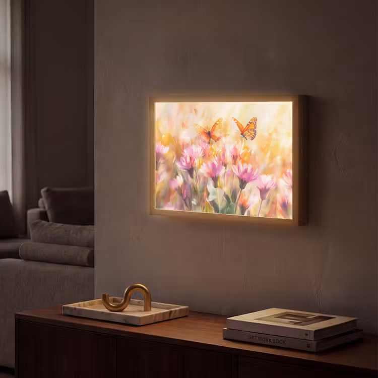 Vlinders - Oranje - Bloemen Light Box met batterij (Wandlamp) middel -sfeer1