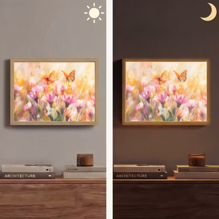 Vlinders - Oranje - Bloemen Light Box met batterij (Wandlamp) middel -sfeer3