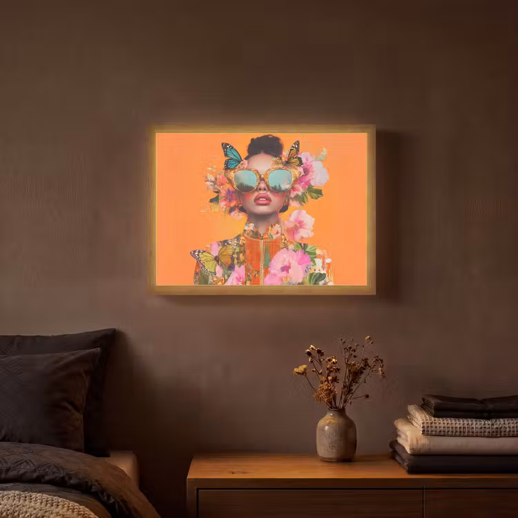 Vlinders - Vrouw - Zonnebril - Kleurrijk Light Box met batterij (Wandlamp) middel -sfeer4