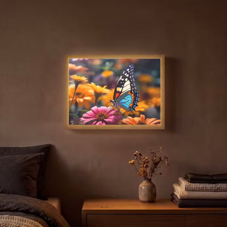 Vlinder - Dier - Kleurrijk - Bloemen - Natuur Light Box met batterij (Wandlamp) middel -sfeer4