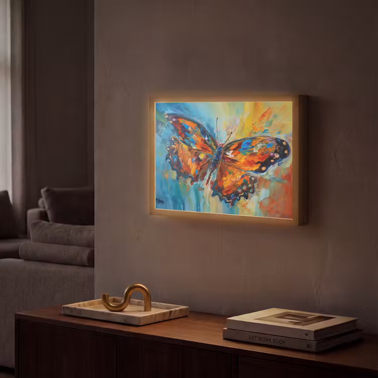 Vlinder - Kleuren - Kunst - Schilderij Light Box met batterij (Wandlamp) middel -sfeer1