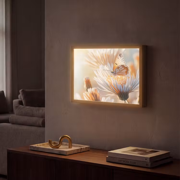 Vlinder - Bloem - Oranje Light Box met batterij (Wandlamp) middel -sfeer1