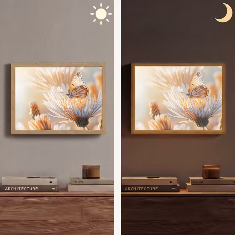 Vlinder - Bloem - Oranje Light Box met batterij (Wandlamp) middel -sfeer3