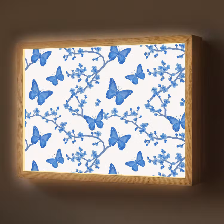 Vlinder - Bloemen - Blauw Light Box met batterij (Wandlamp) middel 907 -z3d_website