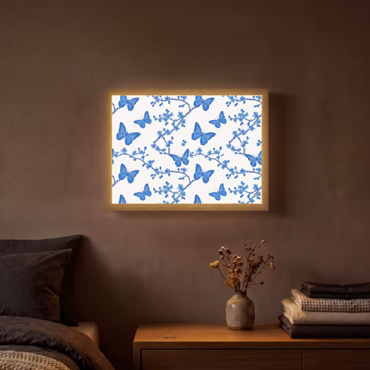 Vlinder - Bloemen - Blauw Light Box met batterij (Wandlamp) middel 907 -sfeer4