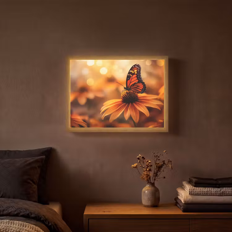 Vlinder - Bloemen - Oranje Light Box met batterij (Wandlamp) middel -sfeer4