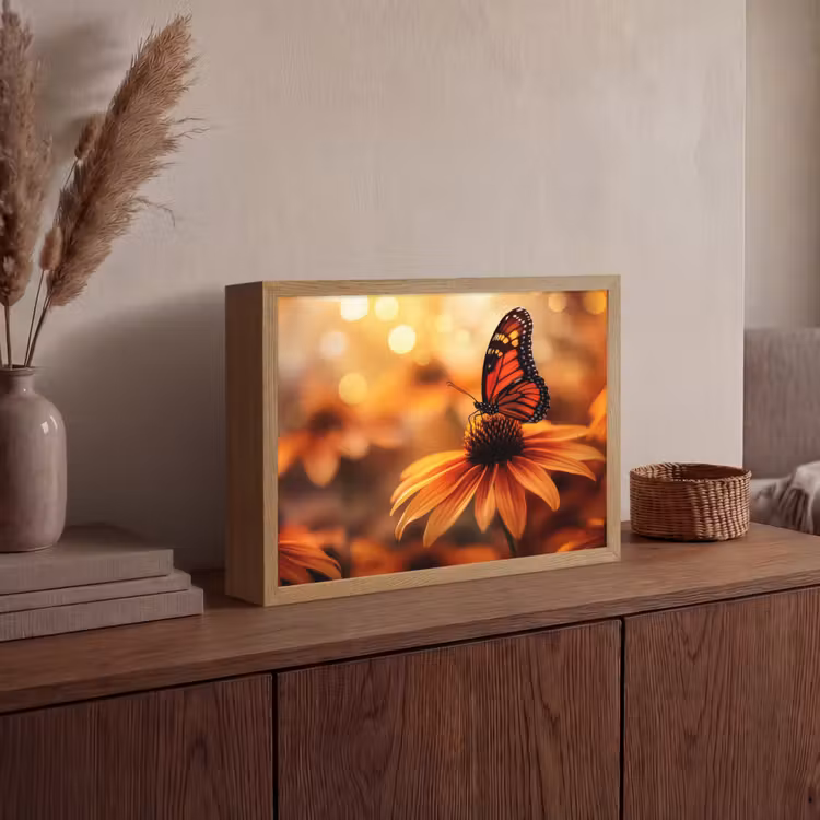 Vlinder - Bloemen - Oranje Light Box met batterij (Wandlamp) middel -sfeer2