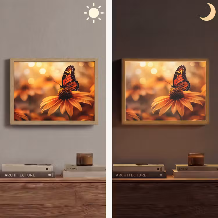 Vlinder - Bloemen - Oranje Light Box met batterij (Wandlamp) middel -sfeer3