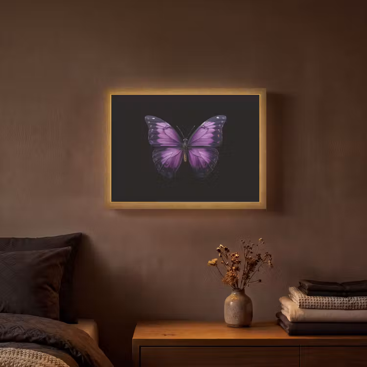 Vlinder - Paars - Levendig Light Box met batterij (Wandlamp) middel -sfeer4