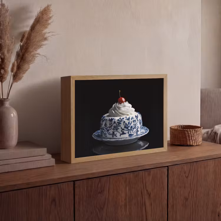 Taart - Slagroom - Kers - Bord - Delfts blauw Light Box met batterij (Wandlamp) middel -sfeer2