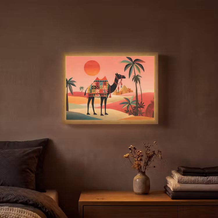 Kameel - Gekleurd tapijt - Duinen - Rode zon Light Box met batterij (Wandlamp) middel -sfeer4