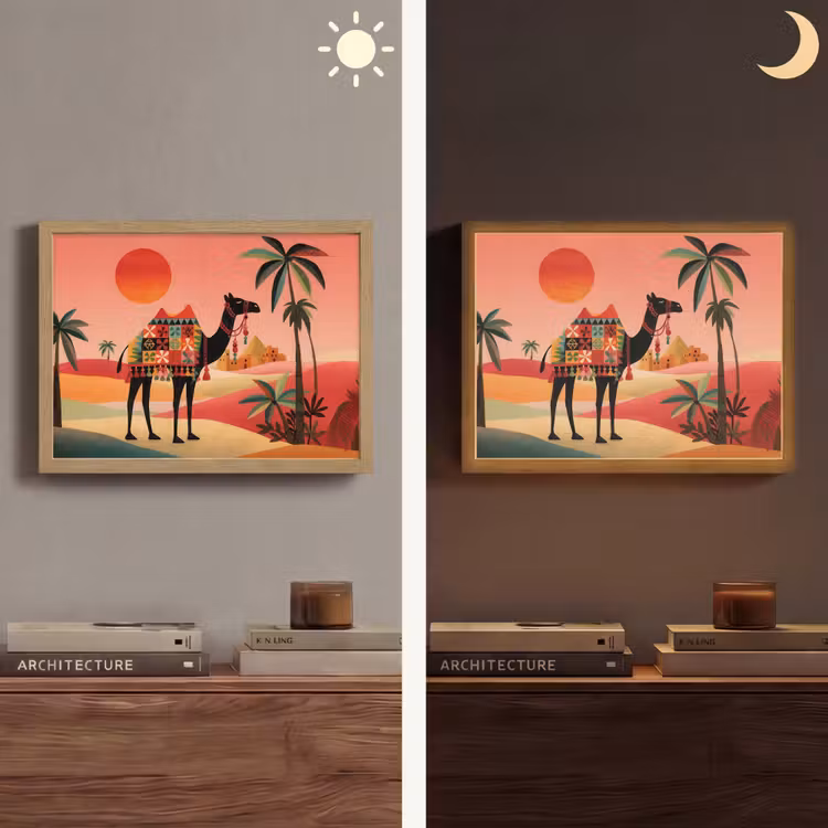 Kameel - Gekleurd tapijt - Duinen - Rode zon Light Box met batterij (Wandlamp) middel -sfeer3