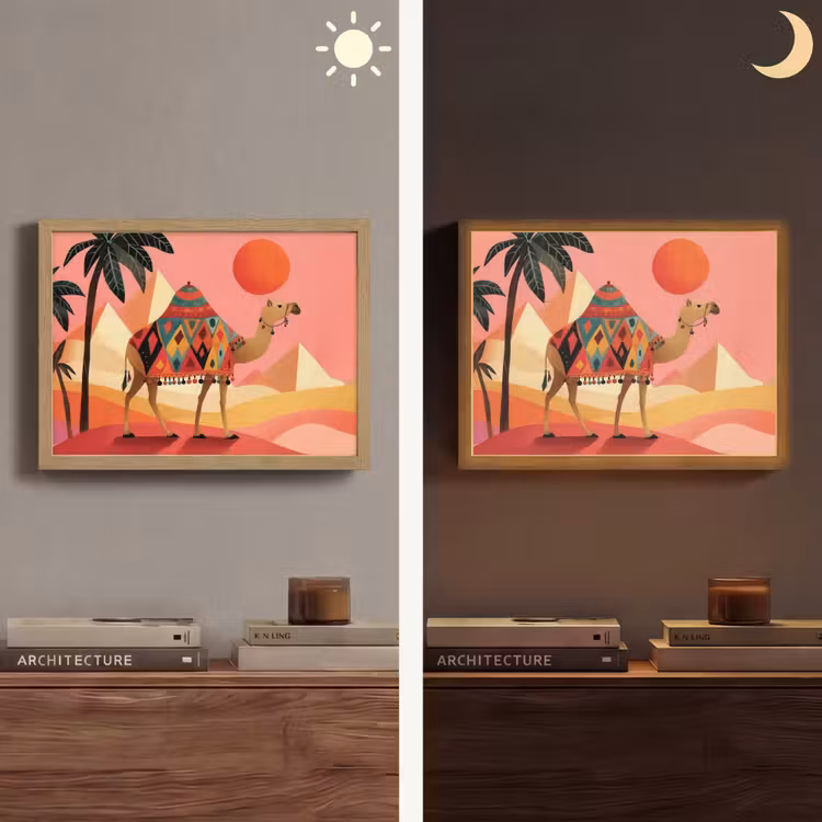 Kameel - Pyramides - Rode zon Light Box met batterij (Wandlamp) middel -sfeer3