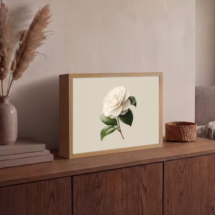 Cameliabloem - Wit - Groen Light Box met batterij (Wandlamp) middel -sfeer2