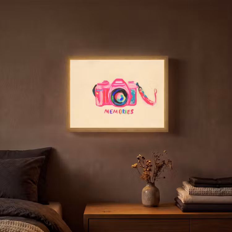 Camera - Memories - Roze - Geschilderd Light Box met batterij (Wandlamp) middel -sfeer4