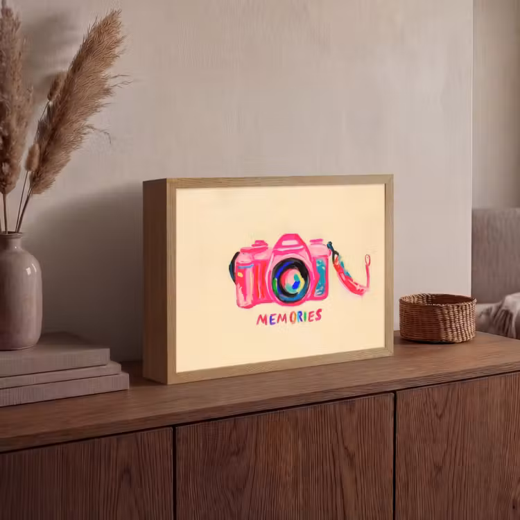 Camera - Memories - Roze - Geschilderd Light Box met batterij (Wandlamp) middel -sfeer2
