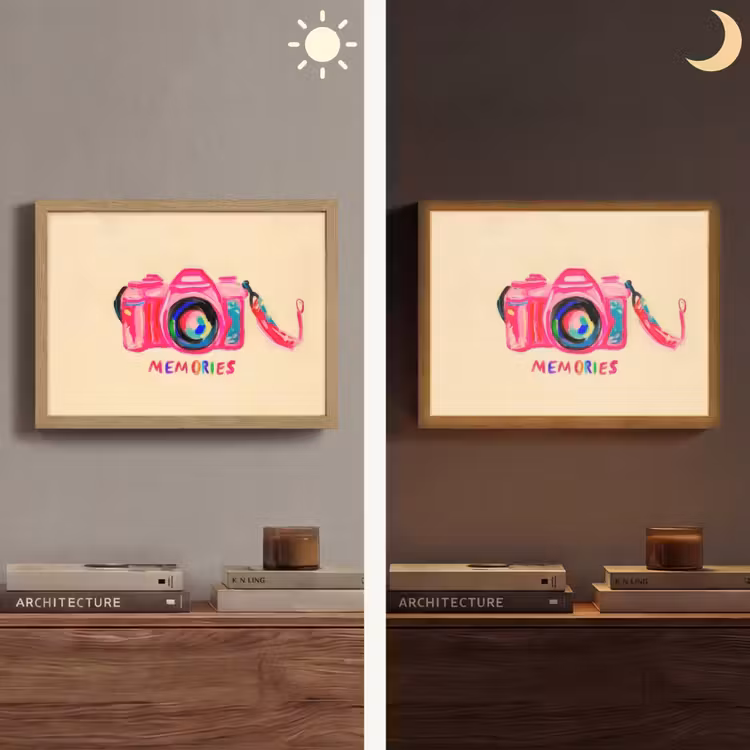 Camera - Memories - Roze - Geschilderd Light Box met batterij (Wandlamp) middel -sfeer3