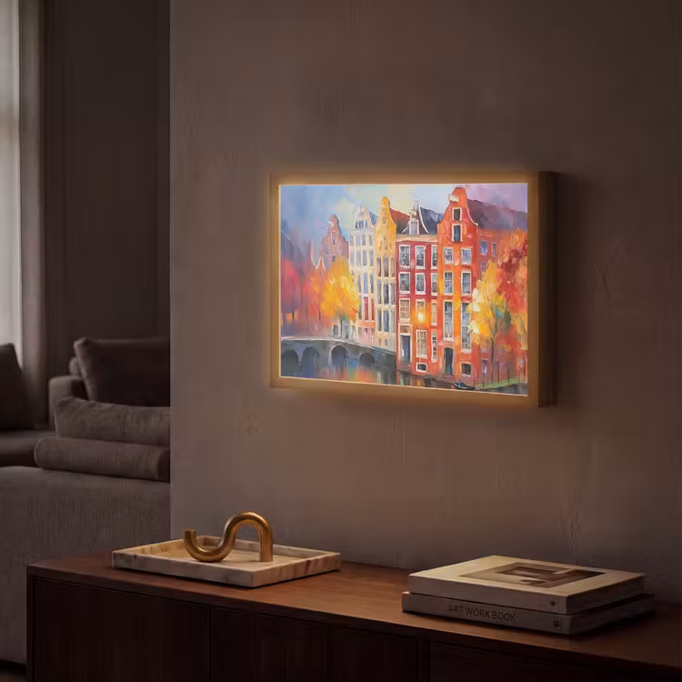 Grachtenpanden - Kunst - Schilderij - Amsterdam Light Box met batterij (Wandlamp) middel -sfeer1