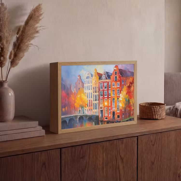 Grachtenpanden - Kunst - Schilderij - Amsterdam Light Box met batterij (Wandlamp) middel -sfeer2