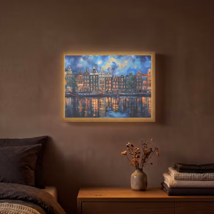 Grachten Amsterdam - Huizen - Stad - Kleurrijk Light Box met batterij (Wandlamp) middel -sfeer4
