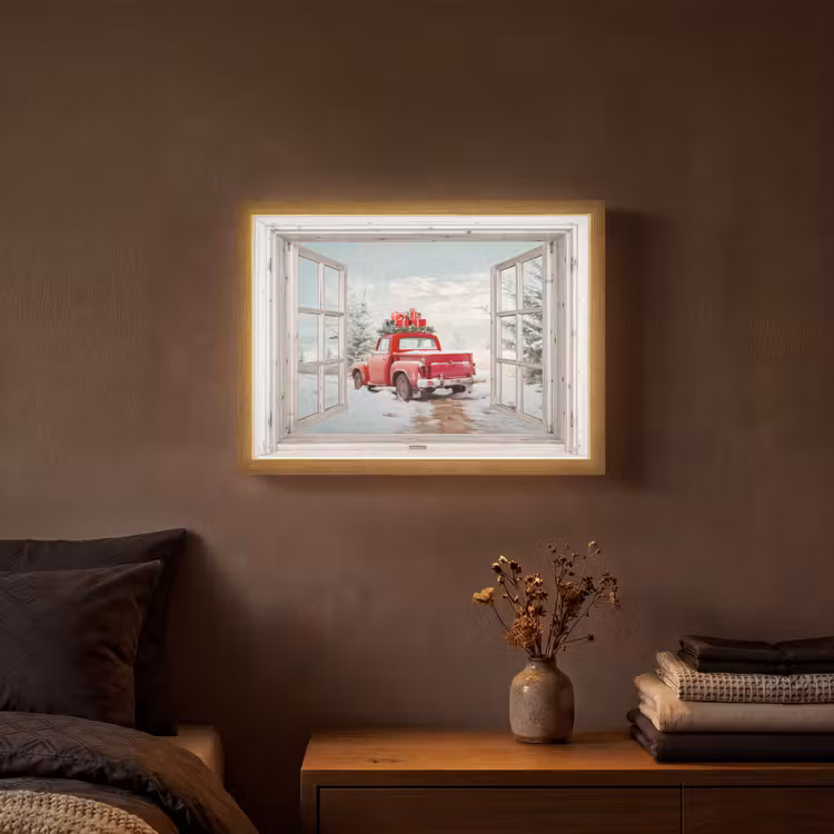 Auto - Rood - Cadeaus - Winter - Kerst - Doorkijk - Wit Light Box met batterij (Wandlamp) middel -sfeer4