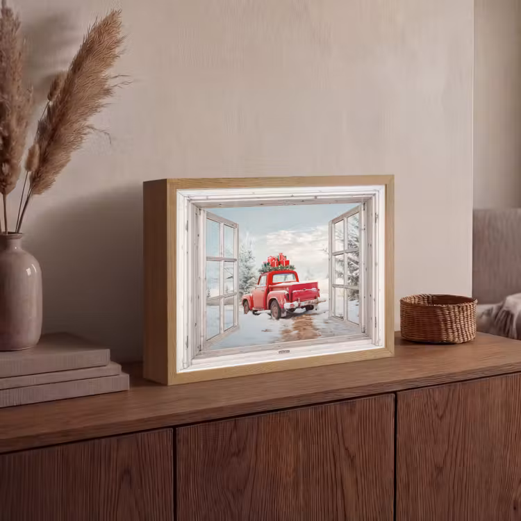 Auto - Rood - Cadeaus - Winter - Kerst - Doorkijk - Wit Light Box met batterij (Wandlamp) middel -sfeer2