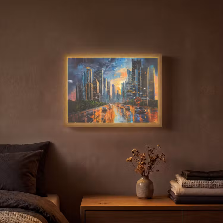 Auto - Skyline - Zon - Blauw Light Box met batterij (Wandlamp) middel -sfeer4