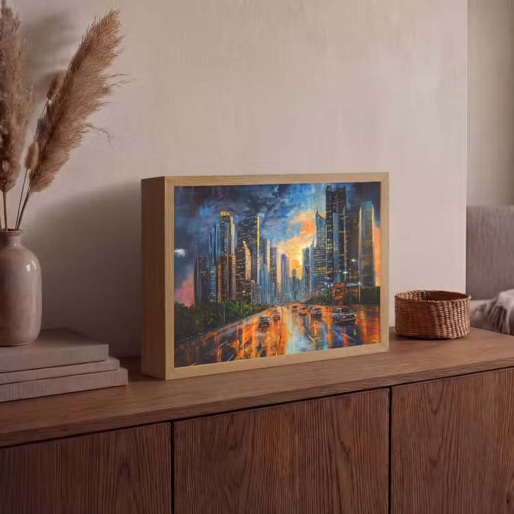 Auto - Skyline - Zon - Blauw Light Box met batterij (Wandlamp) middel -sfeer2
