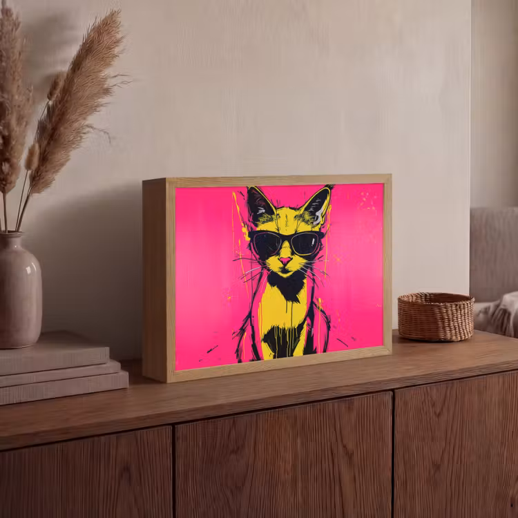 Kat - Art - Zonnebril - Roze Light Box met batterij (Wandlamp) middel -sfeer2